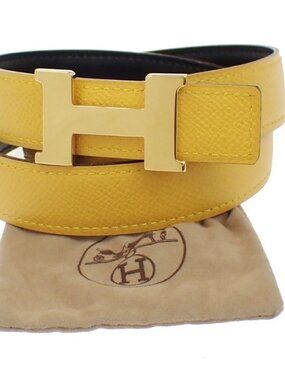 HERMES Logo Constance H Buckle Belt Size 65 Leather Yellow Black France 34RL638